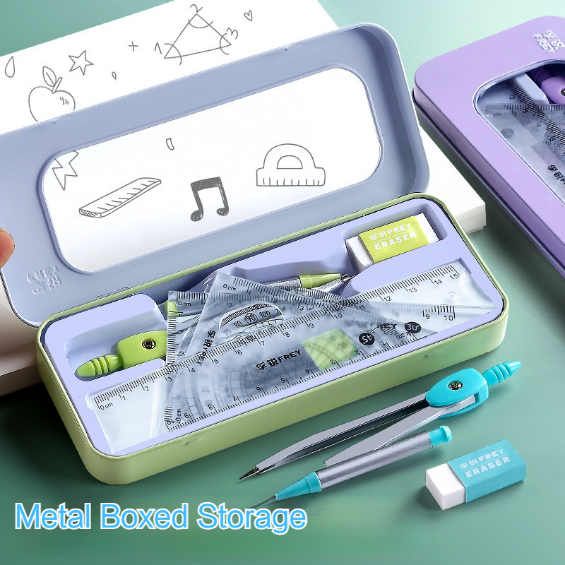 Math Geometry Set With Compass - 7 Pcs Mathematical Rulers Set Student