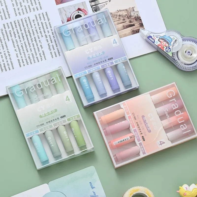 2025 4Pcs/Pack Gradual Highlig - Pastel Highlighter Set Double Ended recension och pris